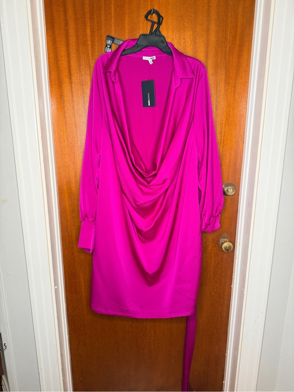 Fashion Nova Hot Pink Draped Cowl Long Sleeve Dress